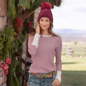 Sundance Elemental Joy Striped Thermal Long Sleeve Top Button Cuffs Red Size L